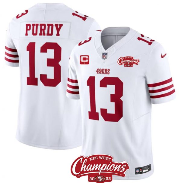 Men San Francisco 49ers #13 Brock Purdy White 2023 F.U.S.E. With 1-Star C Patch And NFC West Champions Patch Stitched Football Jersey