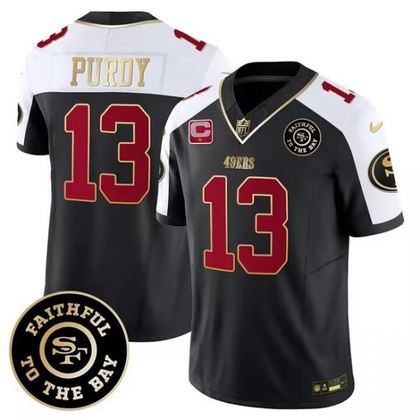 Men San Francisco 49ers #13 Brock Purdy White balck 2023 F.U.S.E. With 1-Star C Patch and Faithful To The Bay Patch Stitched Football Jersey