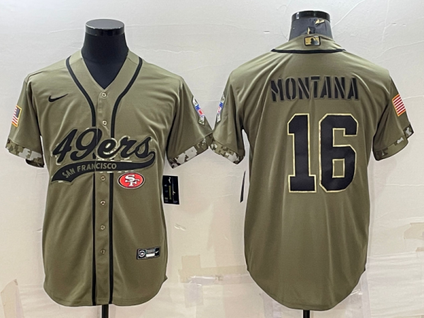 Men San Francisco 49ers #16 Joe Montana 2022 Olive Salute to Service Cool Base Stitched Baseball Jersey