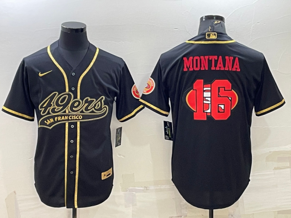 Men San Francisco 49ers #16 Joe Montana Black Gold Team Big Logo With Patch Cool Base Stitched Baseball Jersey
