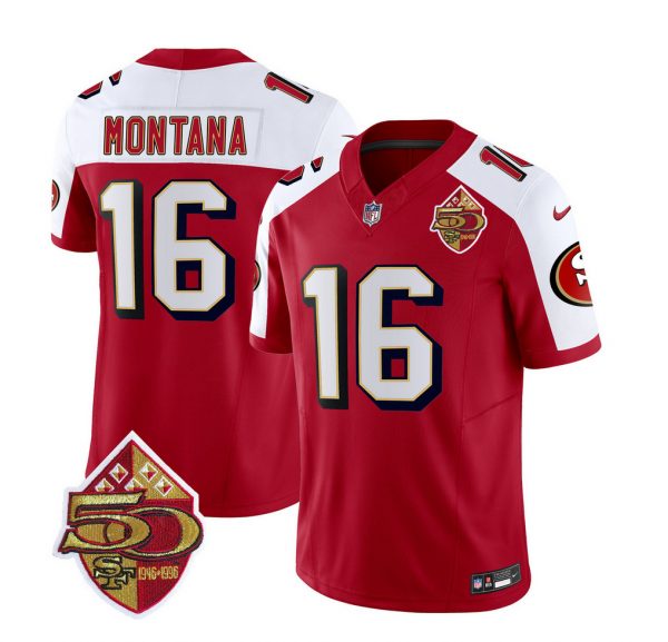 Men San Francisco 49ers #16 Joe Montana Red/White 2023 F.U.S.E. 50th Patch Throwback Stitched Football Jersey