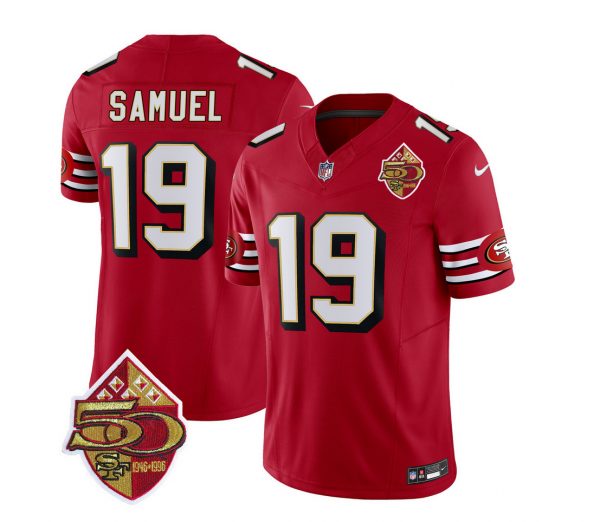 Men San Francisco 49ers #19 Deebo Samuel Red 2023 F.U.S.E. 50th Patch Throwback Stitched Football Jersey
