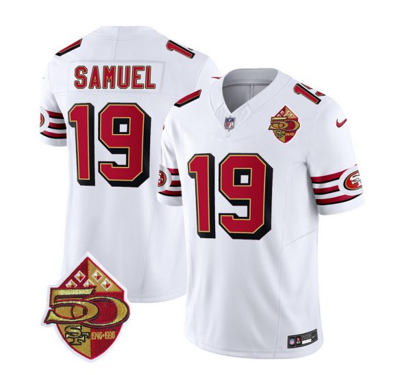 Men San Francisco 49ers #19 Deebo Samuel White 2023 F.U.S.E. 50th Patch Throwback Stitched Football Jersey
