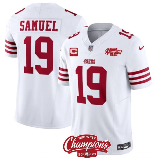 Men San Francisco 49ers #19 Deebo Samuel White 2023 F.U.S.E. With 1-star C Patch And NFC West Champions Patch Stitched Football Jersey
