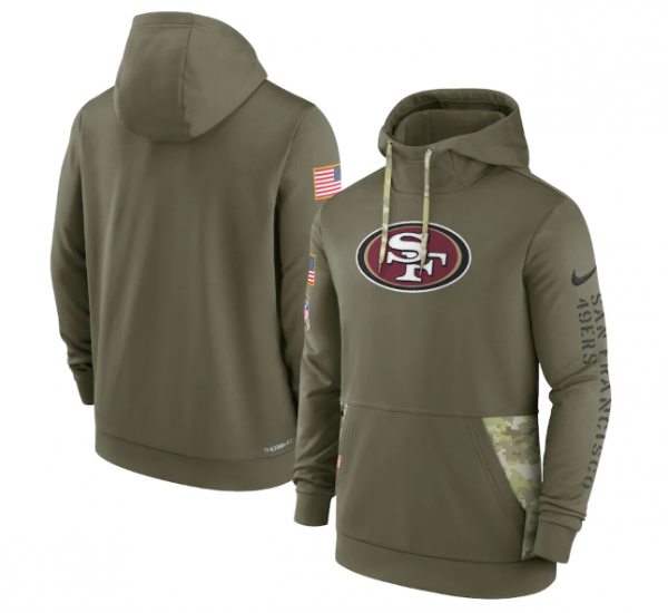 Men San Francisco 49ers 2022 Olive Salute to Service Therma Performance Pullover Hoodie