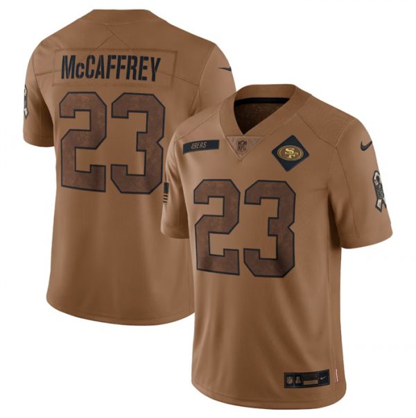 Men San Francisco 49ers #23 Christian McCaffrey 2023 Brown Salute To Service Limited Football Jersey