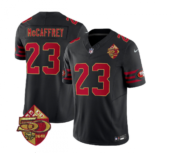 Men San Francisco 49ers #23 Christian McCaffrey Black 2023 F.U.S.E. 50th Patch Throwback Stitched Football Jersey