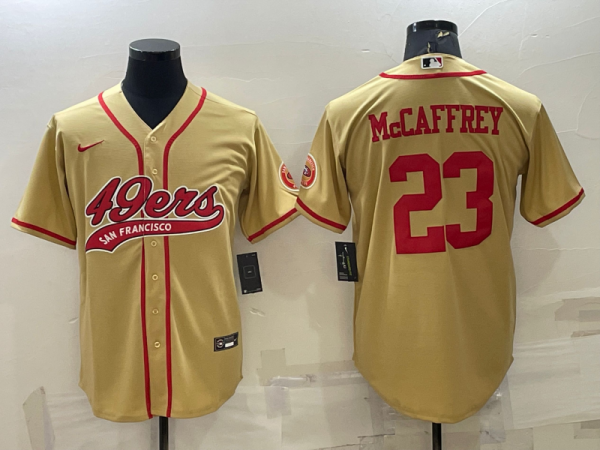 Men San Francisco 49ers #23 Christian McCaffrey Gold With Patch Cool Base Stitched Baseball Jersey