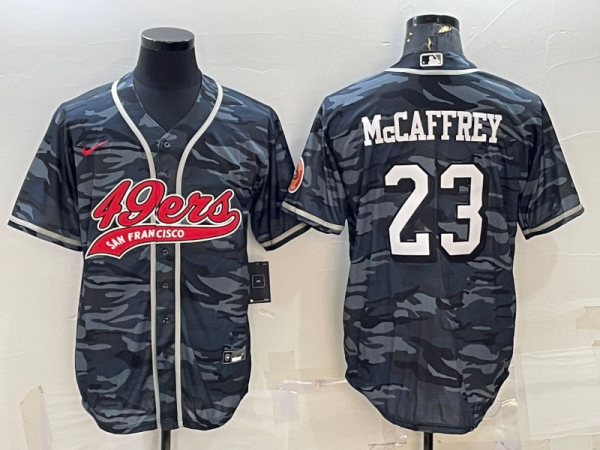 Men San Francisco 49ers #23 Christian McCaffrey Grey Camo With Patch Cool Base Stitched Baseball Jersey