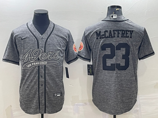 Men San Francisco 49ers #23 Christian McCaffrey Grey With Patch Cool Base Stitched Baseball Jersey