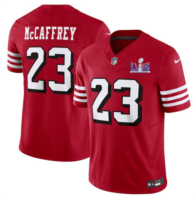 Men San Francisco 49ers #23 Christian McCaffrey New Red F.U.S.E. Super Bowl LVIII Patch Vapor Untouchable Limited Stitched Football Jersey
