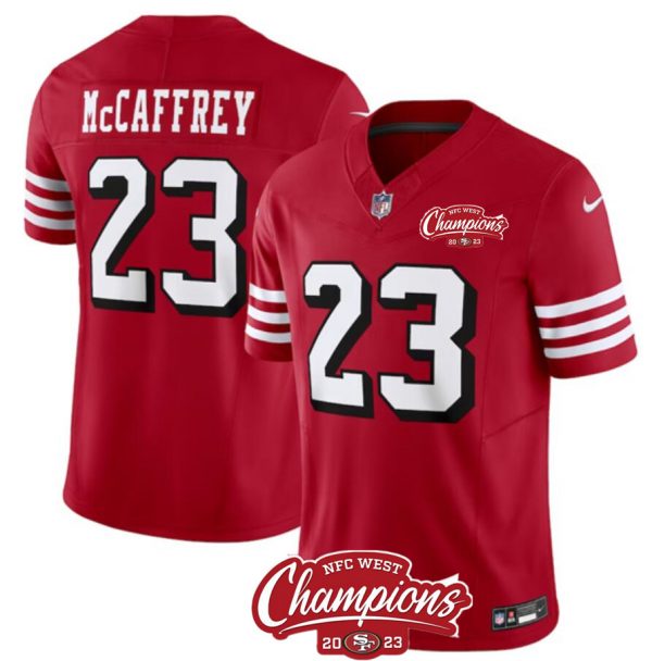 Men San Francisco 49ers #23 Christian McCaffrey Red 2023 F.U.S.E. NFC West Champions Patch Alternate Stitched Football Jersey