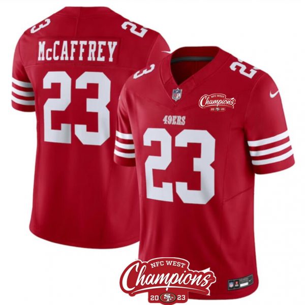 Men San Francisco 49ers #23 Christian McCaffrey Red 2023 F.U.S.E. NFC West Champions Patch Stitched Football Jersey