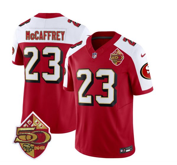 Men San Francisco 49ers #23 Christian McCaffrey Red/White 2023 F.U.S.E. 50th Patch Throwback Stitched Football Jersey