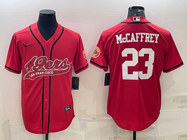 Men San Francisco 49ers #23 Christian McCaffrey Red With Patch Cool Base Stitched Baseball Jersey