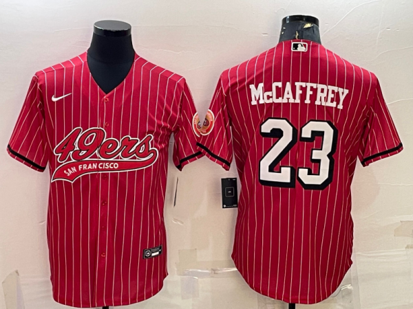 Men San Francisco 49ers #23 Christian McCaffrey Red With Patch Cool Base Stitched Baseball Jersey