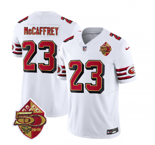 Men San Francisco 49ers #23 Christian McCaffrey White 2023 F.U.S.E. 50th Patch Vapor Untouchable Limited Stitched Football Jersey