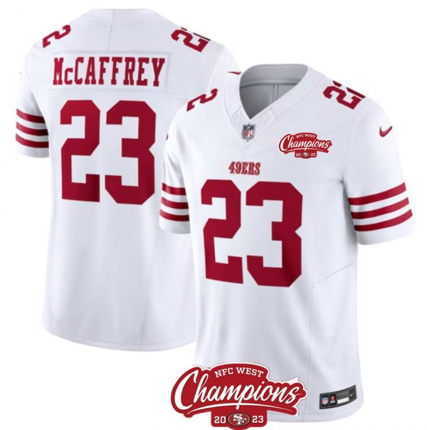 Men San Francisco 49ers #23 Christian McCaffrey White 2023 F.U.S.E. NFC West Champions Patch Stitched Football Jersey