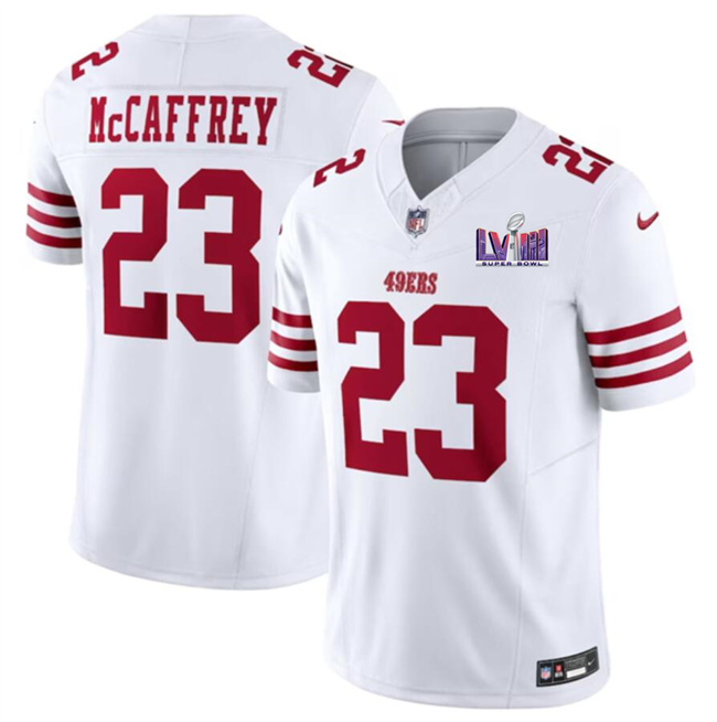 Men San Francisco 49ers #23 Christian McCaffrey White F.U.S.E. Super Bowl LVIII Patch Vapor Untouchable Limited Stitched Football Jersey