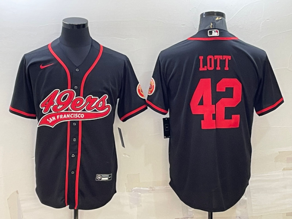 Men San Francisco 49ers #42 Ronnie Lott Black With Patch Cool Base Stitched Baseball Jersey