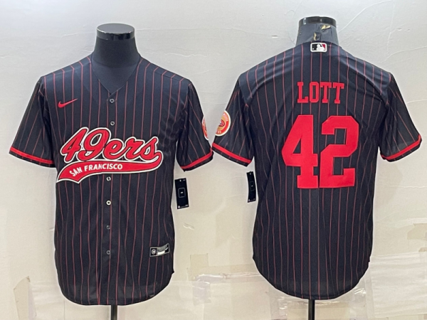 Men San Francisco 49ers #42 Ronnie Lott Black With Patch Cool Base Stitched Baseball Jersey