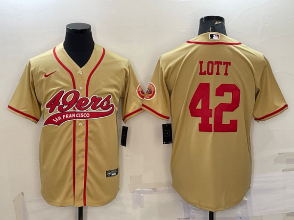 Men San Francisco 49ers #42 Ronnie Lott Gold With Patch Cool Base Stitched Baseball Jersey
