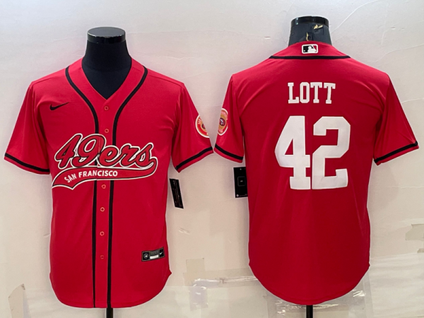 Men San Francisco 49ers #42 Ronnie Lott Red With Patch Cool Base Stitched Baseball Jersey
