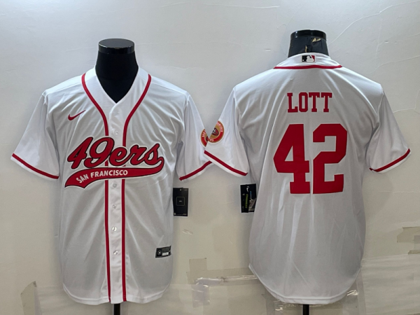 Men San Francisco 49ers #42 Ronnie Lott White With Patch Cool Base Stitched Baseball Jersey