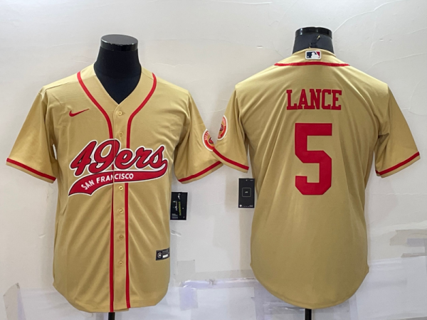 Men San Francisco 49ers #5 Trey Lance Gold Cool Base Stitched Baseball Jersey