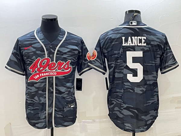 Men San Francisco 49ers #5 Trey Lance Grey Camo With Patch Cool Base Stitched Baseball Jersey