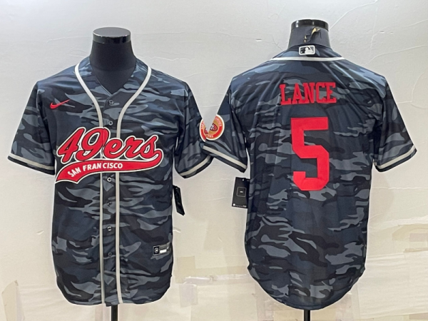 Men San Francisco 49ers #5 Trey Lance Grey Red Camo With Patch Cool Base Stitched Baseball Jersey