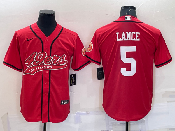 Men San Francisco 49ers #5 Trey Lance Red Cool Base Stitched Baseball Jersey