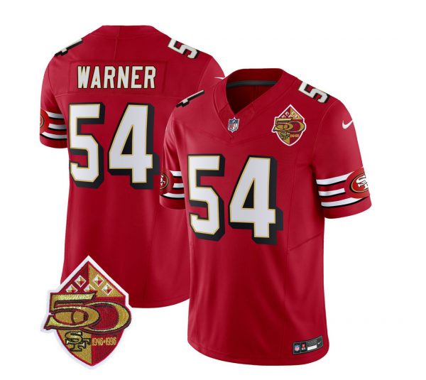 Men San Francisco 49ers #54 Fred Warner Red 2023 F.U.S.E. 50th Patch Throwback Stitched Football Jersey
