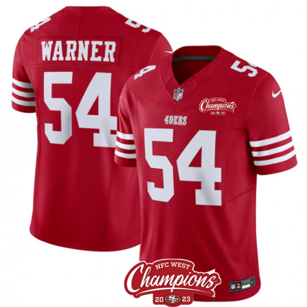 Men San Francisco 49ers #54 Fred Warner Red 2023 F.U.S.E. NFC West Champions Patch Stitched Football Jersey