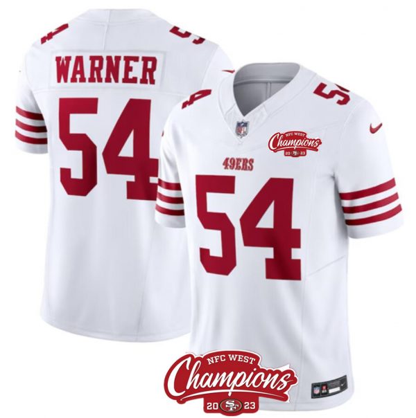 Men San Francisco 49ers #54 Fred Warner White 2023 F.U.S.E. NFC West Champions Patch Stitched Football Jersey