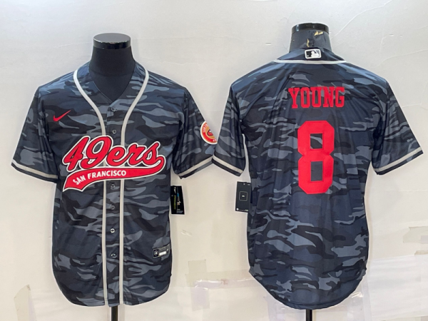 Men San Francisco 49ers #8 Steve Young Grey Red Camo With Patch Cool Base Stitched Baseball Jersey