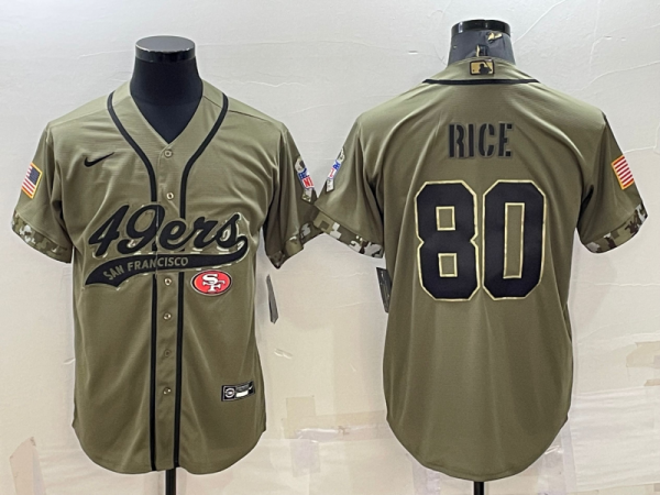 Men San Francisco 49ers #80 Jerry Rice 2022 Olive Salute to Service Cool Base Stitched Baseball Jersey