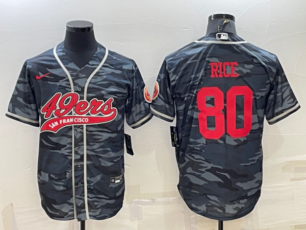 Men San Francisco 49ers #80 Jerry Rice Grey Red Camo With Patch Cool Base Stitched Baseball Jersey