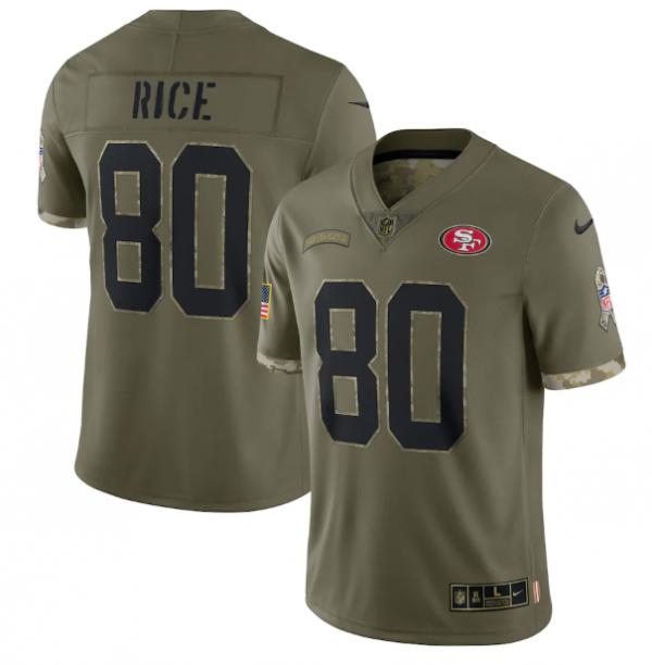 Men San Francisco 49ers #80 Jerry Rice Olive 2022 Salute To Service Limited Stitched Jersey