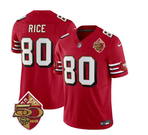 Men San Francisco 49ers 80 Jerry Rice Red 2023 F.U.S.E. 50th Patch Throwback Stitched Football Jersey