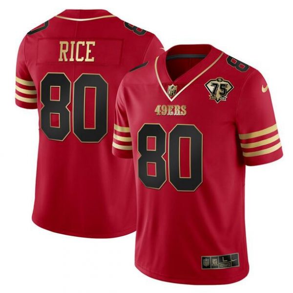 Men San Francisco 49ers #80 Jerry Rice Red Gold With 75th Anniversary Patch Stitched Jersey
