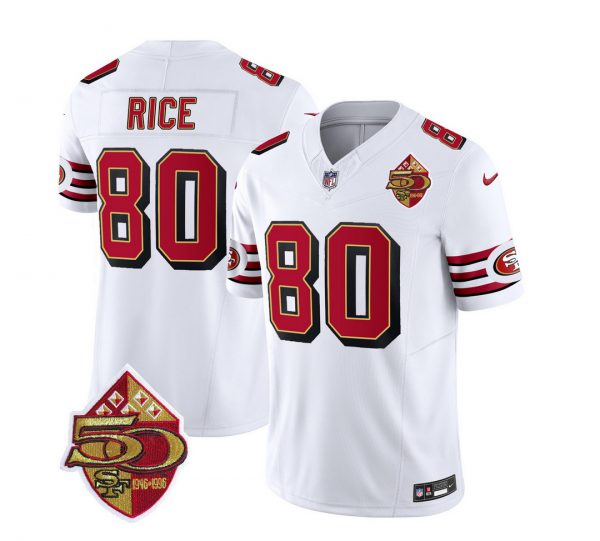 Men San Francisco 49ers #80 Jerry Rice White 2023 F.U.S.E. 50th Patch Throwback Stitched Football Jersey