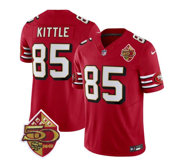 Men San Francisco 49ers #85 George Kittle Red 2023 F.U.S.E. 50th Patch Throwback Stitched Football Jersey