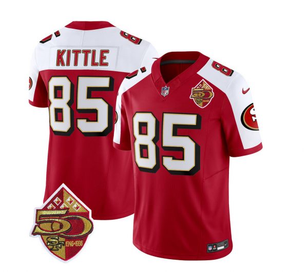 Men San Francisco 49ers #85 George Kittle Red/White 2023 F.U.S.E. 50th Patch Throwback Stitched Football Jersey