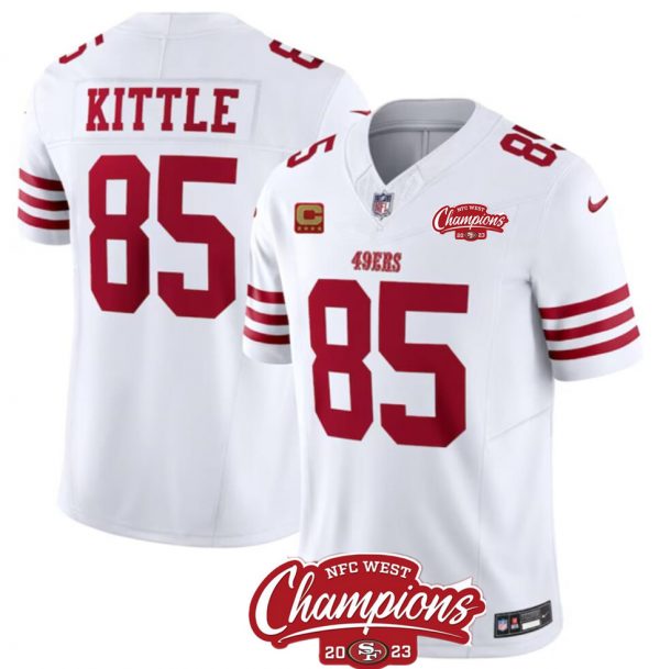 Men San Francisco 49ers #85 George Kittle White 2023 F.U.S.E. With 4-star C Ptach And NFC West Champions Patch Stitched Football Jersey