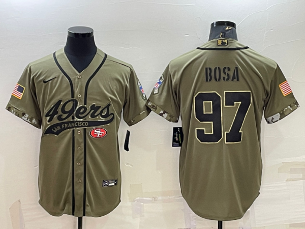 Men San Francisco 49ers #97 Nick Bosa 2022 Olive Salute to Service Cool Base Stitched Baseball Jersey