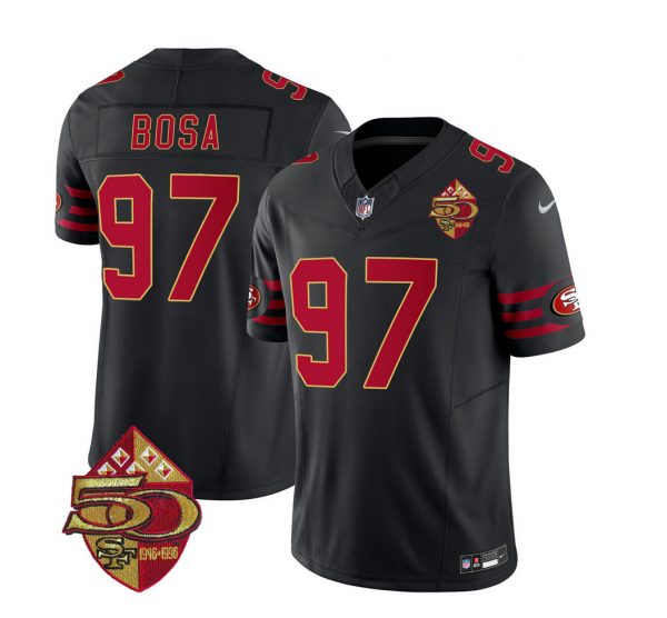 Men San Francisco 49ers #97 Nick Bosa Black 2023 F.U.S.E. 50th Patch Vapor Limited Stitched Football Jersey