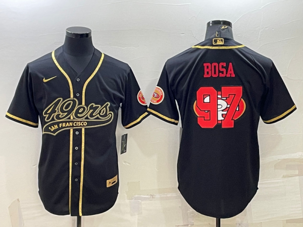 Men San Francisco 49ers #97 Nick Bosa Black Gold Team Big Logo With Patch Cool Base Stitched Baseball Jersey