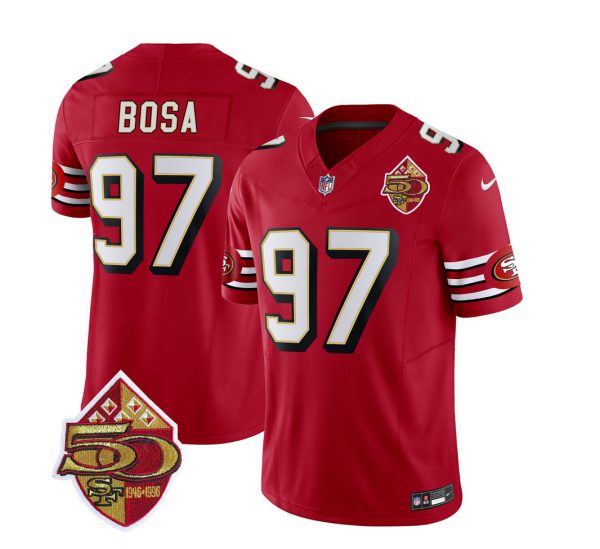 Men San Francisco 49ers #97 Nick Bosa Red 2023 F.U.S.E. 50th Patch Throwback Stitched Football Jersey