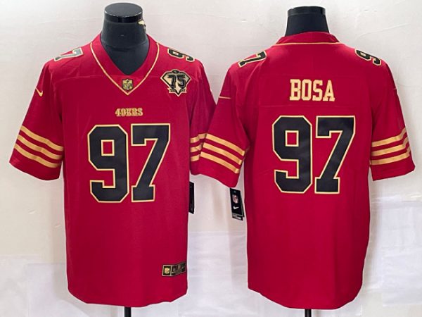 Men San Francisco 49ers #97 Nick Bosa Red Gold With 75th Anniversary Patch Stitched Jersey